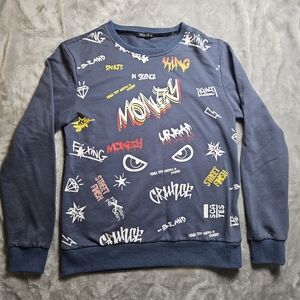Size M - Mebius Men’s Graphic Crewneck Sweatshirt Blue Streetwear